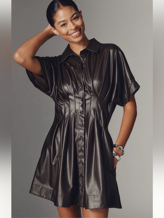 Anthropologie Dresses & Skirts - Anthropologie Western Glam Exquise Faux Leather Mini Shirt Dress NWT M Brown